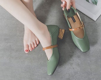 Vintage French Dress Shoes; Woman Casual Qipao Shoes, Green & Apricot 4 CM Low Heel, Thick Heel, Comfortable Summer Autumn Shoes