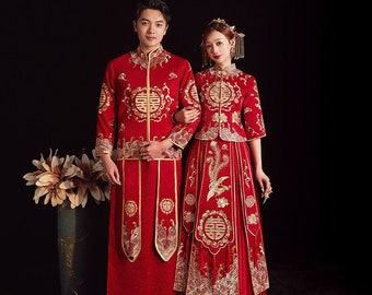 Traditional Chinese Bridegroom Red Wedding Xiuhe Dress, Embroidery Flower/Diamond Bordered,Jacket Top and Skirt 2 Pcs Tang Groom  中式