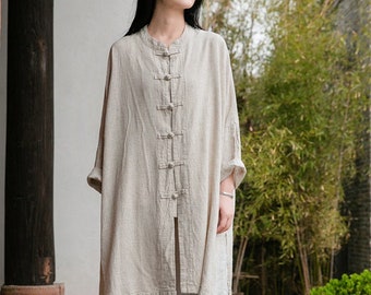 China Tang Suit Girl&#39;s Summer Linen Jacket, Modern Chinese Literary Long Super Loose Style, Liziqi Shirt, Pankou Front Open, White/ Linen