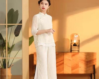 2022 New Design Spring Woman Suit, Top+ Loose Pants 2 Pcs, Hollow Sleeves Hanfu Blouse and Pants, Comfortable Suit , White & Black