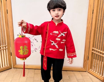2022 New Year Boy's Chinese Spring Festival Suit, Winter Red Tang Jacket+ Black Pants, 100 days new born Costume;