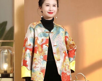 2023 CNY Scoop Neck Spring Jacket Coat, Pheonix Pattern Tang Pankou Button Jacket, Christmas Coat, Pay New Year Call , Orange/Blue Color