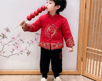 2022 New Year Boy's Chinese Spring Festival Koi Fish Suit, Winter Red Tang Jacket+ Black Pants, 100 days new born Costume;