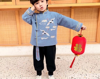 2022 New Year Boy's Chinese Spring Festival Suit, Winter Red Tang Jacket+ Black Pants, 100 days new born Costume;