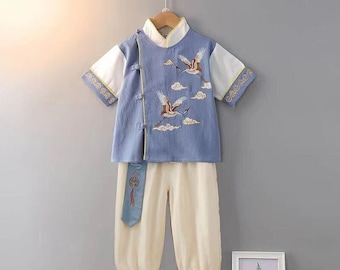 Boy's Chinese Modern Tang Suit, Top+Pant For School open day China Costume, Embroidery Fly Crane Pattern,90~160 cm Cotton