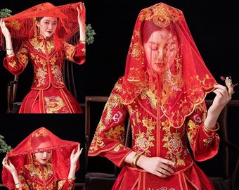 New Design Chinese bridal Red Lace Cover-up, Bridal Veil with 囍Xi,Chinese traditional wedding bride hijab 60*80cm, Embroidery Gold Pattern