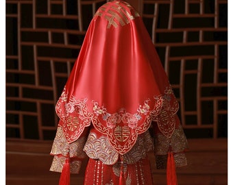 New Design Chinese bridal Red Cover-up | Bridal Veil with 囍Xi | Chinese traditional wedding bride hijab 70*70cm, Embroidery pattern, 3 Style