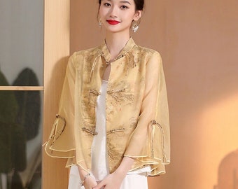 New Arrival Autumn Modern China Woman Thin Jacket Top, Chinese Tang Suit for Darily Work/Tea Ceremony, Ancient Landscape Yellow& Green