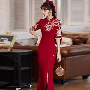 Traditional Chinese Bridal Wine Red Qipao Gown, Full Length Mermaid Shape China Bride Wedding Dress, Evening Toast Suit, Pearl+Embroidery