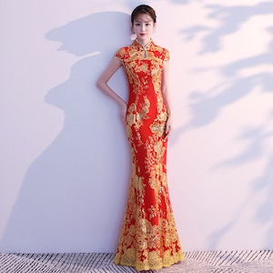 Traditonal Chinese Red Wedding Cheongsam, Bridal Qipao Mermaid Floor Dress,Tea Ceremony Gown, Wedding Dress,Golden Embroidery Floral Classic