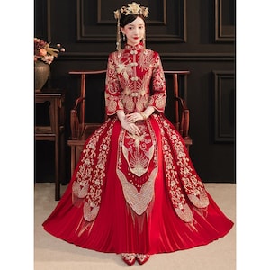 Traditional Chinese Bridal Red Wedding Xiuhe Dress,茹茵 Embroidery Phoenix/Flower Diamond Bordered,Jacket Top and Skirt large size till 8XL