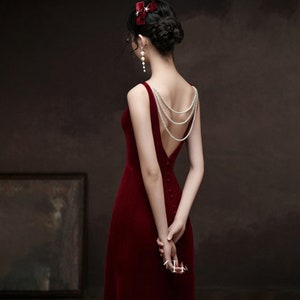 Custom Size Able China Red Evening Dress, Bridal Dress,Tea Ceremony Velvet Gown 2021, Wedding Suit, Latin Dance Dress, Sexy V-Neck/Back