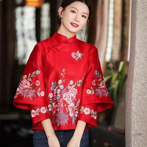 Premium Made Autumn Winter China Cheongsam Top, Chinese Tang Woman Blouse, Tea Ceremony Traditional Embroidery Floral, Color Red & Pink