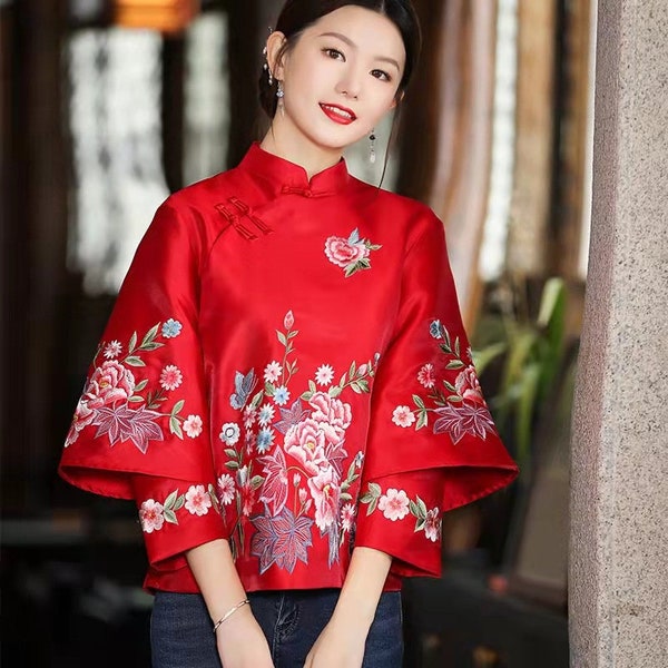 Haut cheongsam automne-hiver chinois de qualité supérieure, chemisier pour femme à saveur chinoise, cérémonie du thé, broderie traditionnelle florale, couleur rouge et rose