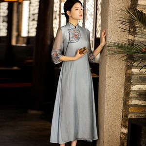 Modern China Loose Cheongsam, Vintage Lady Hanfu Dress, Tea Ceremony Prom, Daily Wear Embroidery Floral, Color Blue & Orange