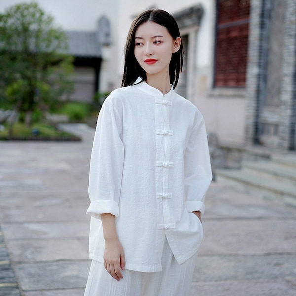 Chine Haut pour fille avec costume Tang, veste blanche Taichi, Hanfu chinois à cordes ouvertes, Chemise Liziqi en lin et coton, Chemise de yoga/d'exercices du matin