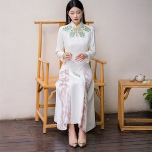 New Design Fall Winter China Cheongsam Mix Bohemia Dress,Big Skirt Vintage Tea Ceremony Dress, Elegant Embroidery Beige Color