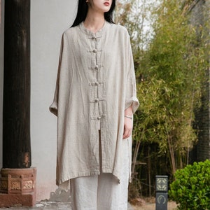 China Tang Suit Girl's Summer Linen Jacket, Modern Chinese Literary Long Super Loose Style, Liziqi Shirt, Pankou Front Open, White/ Linen