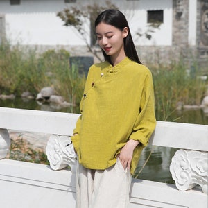 2021 China Tang Suit Girl's Top, Modern Chinese Hanfu Style, Liziqi Fashion, Linen Cotton Shirt, Yellow, Black, Coffee