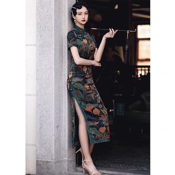 Vintage China Autumn Cheongsam in Green and Black, Classic Flower Pattern Full Length Qipao,Tea Ceremony, Prom Bridesmaid Dress, Her Gifts