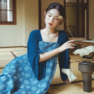 Doveyaf Rare Design CNY Christmas China Woman Lace Hanfu Suit, Dark Blue Song Ru Skirt,Trumpet Sleeve Fall, Art Revival Name 蓝桥盼君归 S-XL