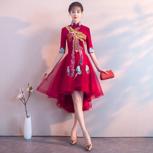 Modern Chinese Bride Red Cheongsam, Bridal Wedding Qipao, Evening Gown Toast Suit, Classic Embroidery Phoenix,Tea Graduation Ceremony Dress