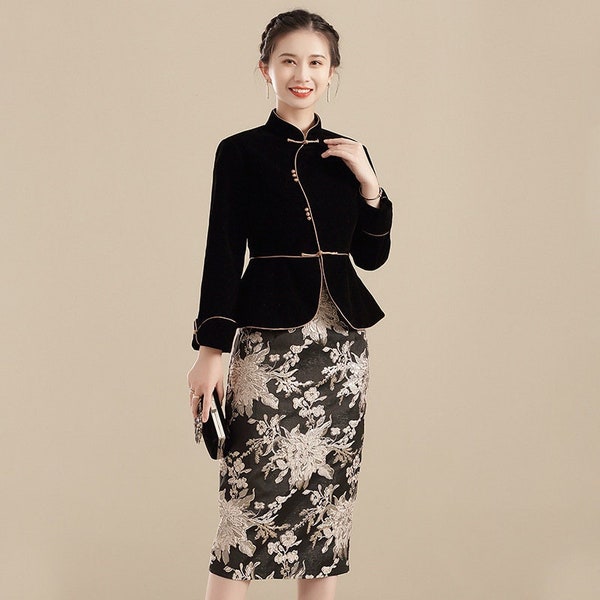 Premium Made Autumn Winter China Cheongsam Gown Dress 2 Pieces, Cheongsam Top and Sheath Skirt, Elegant Office Lady
