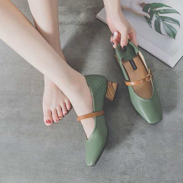 Vintage French Dress Shoes; Woman Casual Qipao Shoes, Green & Apricot 4 CM Low Heel, Thick Heel, Comfortable Summer Autumn Shoes