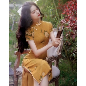 Traditional Chinese Cheongsam Dress, China Qipao in Yellow, Full Length, 2021 Summer Autumn Dress