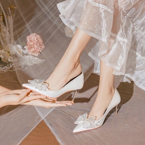 Premium Handmade Western White& Champagne/ Red Wedding Shoes, Bridal Shoes, Red Xiuhe Shoes 秀禾鞋; 2/4.5/6.5/8.5CM; Four Heels Option