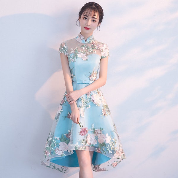Chinese Evening Dress, Bridal Gown Dress, Lace 2021 Graduation Suit, Hollow Shoulder, Embroidery Flowers, Cocktail, Tea Ceremomy; Blue/Pink