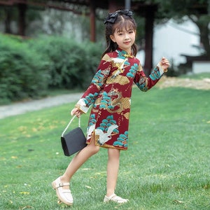 Chinese Kid's Qipao dress & Cheongsam, Girl Tang Suit, Trumpet Sleeves, to knee, Vintage Literary Girl's Autumn Costume, 90-140cm High Fits