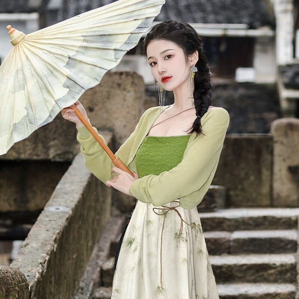 Modern Hanfu Dress Set, Green Knitted Jacket, Art Revival Costume