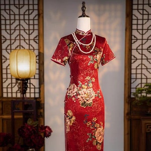 New China Cheongsam, Classic Jacquard Flower Red& Blue Qipao,Tea Ceremony, Mother Gown Dress for Wedding, Size M-5XL