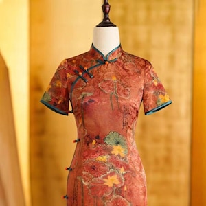 New China Cheongsam, Water Lily+ Han Zi Printed Red Qipao, Prom dress, Woman Spring Summer Dress Size S-3XL