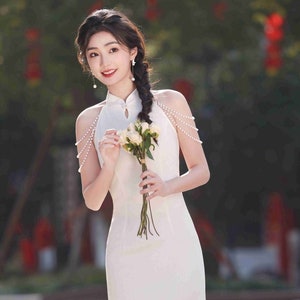Doveyaf Spring Summer Chinese Cheongsam Gown Dress, Sexy Slip Mermaid Shape Qipao Dress, Color Black& White Size S-3XL; Very Elegant