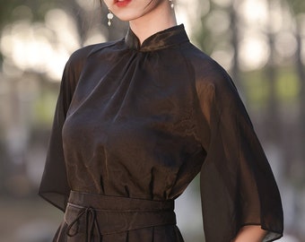 Premium Cut Cultural Lady Qipao《茹梦》Vintage Han Style Summer Loose Cheongsam Dress with Waistband, Black & Blue