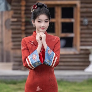 Traditional China Thick Floral Qipao Winter Christmas Lunar New year Woman Cheongsam, Tang Cultural Qipao, Red Two Designs, Trumpet Sleeves