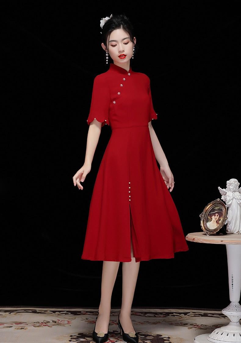 chinese style cocktail dress Big Sales CNY Red Cheongsam Dress, Classic Qipao, Wedding Gown; Spring Festival Woman Outfit Lace Size:45 / US 18 Reporting: Creative Replen Imagery Satin or Chiffon Bridesmaids or nails