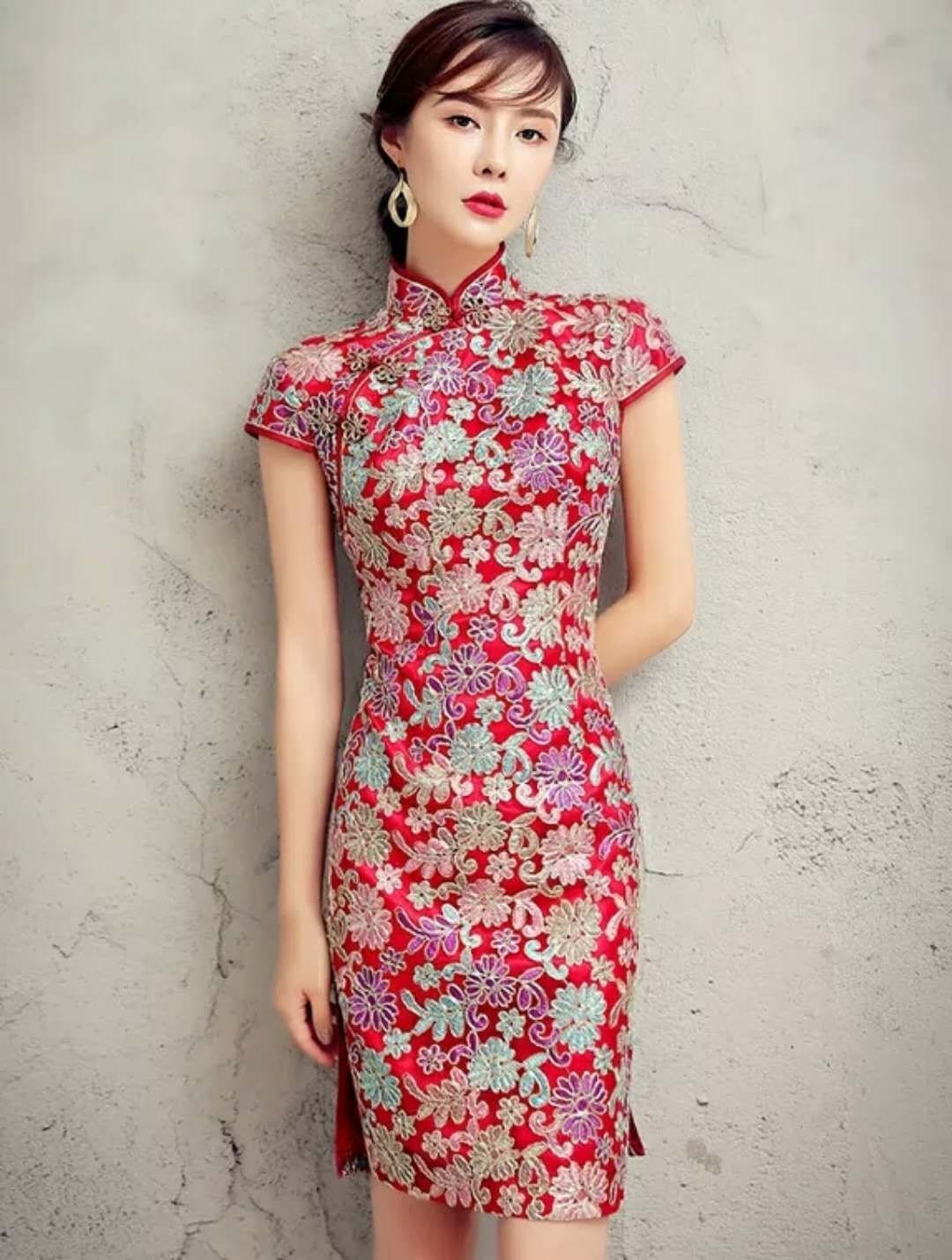 China Red Wedding Cheongsam Above Knee Chinese Bridal Qipao Dress Tea  Ceremony Embroidery Flower Lace Gown 2021 Traditional Wedding Gown 