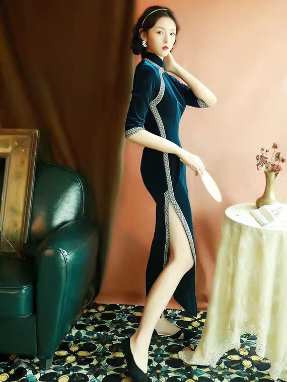 Traditional China Velvet Cheongsam, Classic Winter Old Shanghai Blue Qipao, Full Length Tea Ceremony Prom Dress, Chinese Spring Festival - Etsy Traditional China Velvet Cheongsam, Classic Winter Old Shanghai Blue Qipao, Full Length Tea Ceremony Prom Dress, Chinese Spring Festival - Etsy