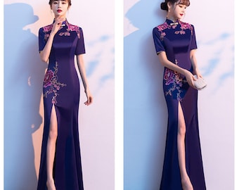 Custom Size able,Vintage China Cheongsam, Dark Purple Embroidery Floral, Full Length Qipao, For Mother To Wedding, Extra Large