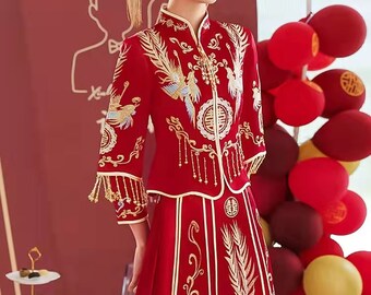 Traditional Chinese Bride and Groom's Red Wedding Xiuhe Dress, 彩霞 Embroidery Phoenix Xi 双喜zi, Dress Top and Skirt, 2 Piecetang Wedding Suit - Etsy Traditional Chinese Bride and Groom's Red Wedding Xiuhe Dress, 彩霞 Embroidery Phoenix Xi 双喜zi, Dress Top and Skirt, 2 Piecetang Wedding Suit - Etsy
