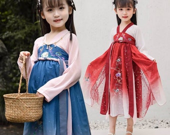 Kid's Chinese Hanfu Dress,Tang Dress long Sleeve, Girls Costume,2021 Spring Dress, China Vintage Fairy tale,Embroidery Pattern,Ru Skirt Blue