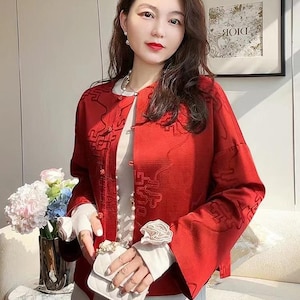 2025 CNY Chinese Style Woman Loose Red Jacket Top, Retro
