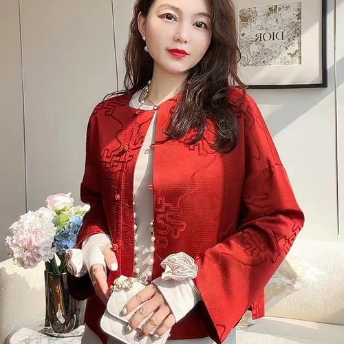 2025 CNY Chinese Style Woman Loose Red Jacket Top, Retro Pattern