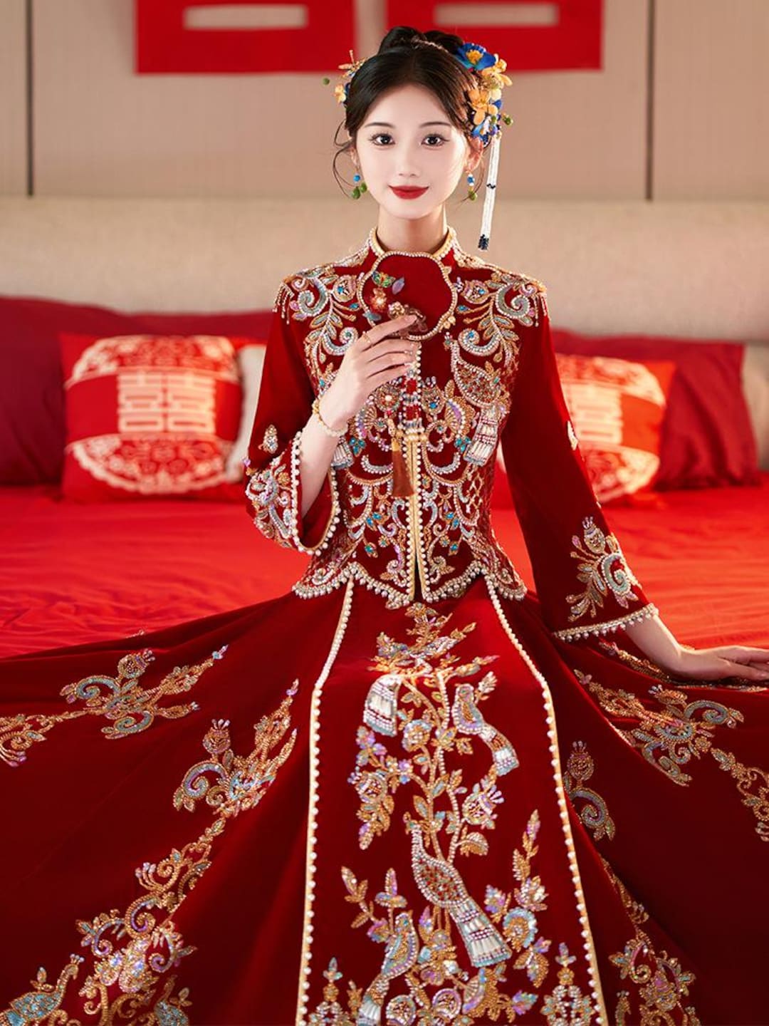 Traditional Chinese Bridal Red Wedding Xiuhe Dress, 苏绣su Heavy