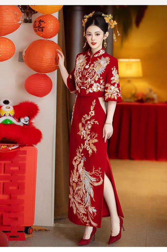 Red Chinese Wedding Dress, Xiuhe Embroidery Bridal Velvet Gown, Tang Suit,  Dress+ Jacket Top - Etsy New Zealand