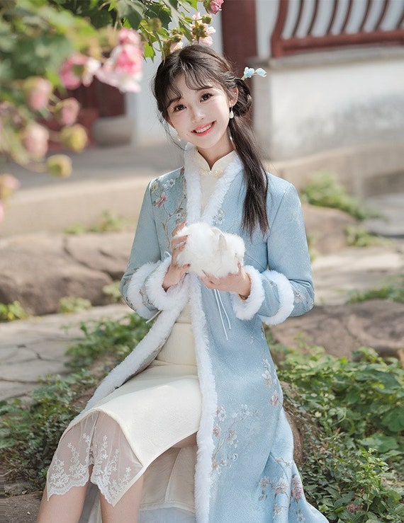 Classic Chinablue Cheongsam Jacket, Hairy Sleeves Long Coat Classic Chinablue Cheongsam Jacket, Hairy Sleeves Long Coat