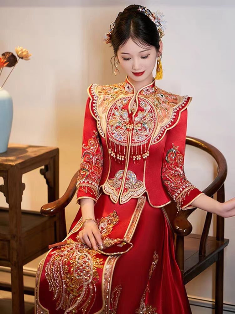 Traditional Chinese Bridal Red Wedding Xiuhe Dress, 有凤来仪